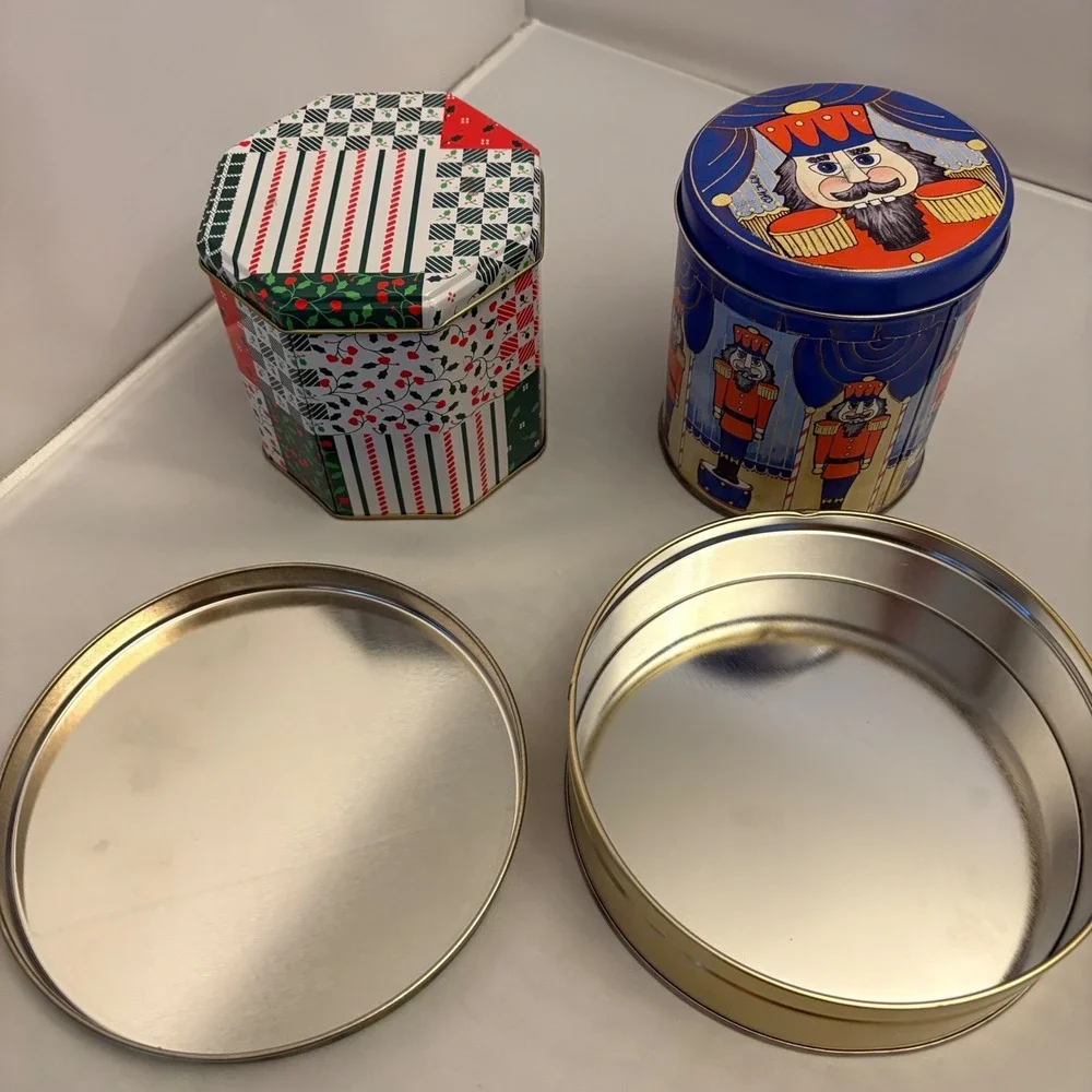 3‎ Vintage Christmas Tins Nutcracker Snowman Patchwork Holiday Decor Storage